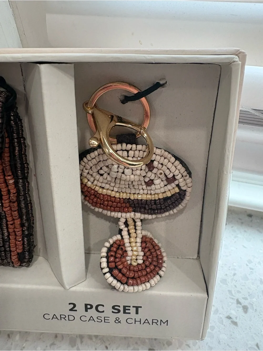 NIB Rachel Zoe Beaded Mini Card Case & Charm - Cappuccino Motif
